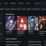 Screenshot of Allmanga homepage showing manga genres and chapters