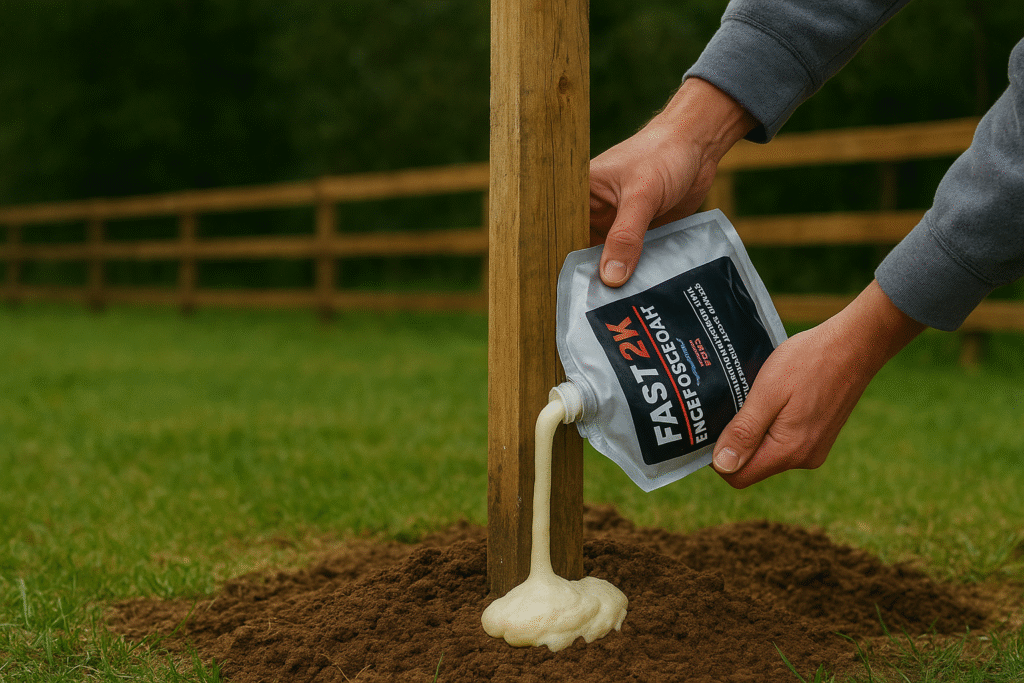 Fast 2K Fence Post Foam being used for quick fence installation