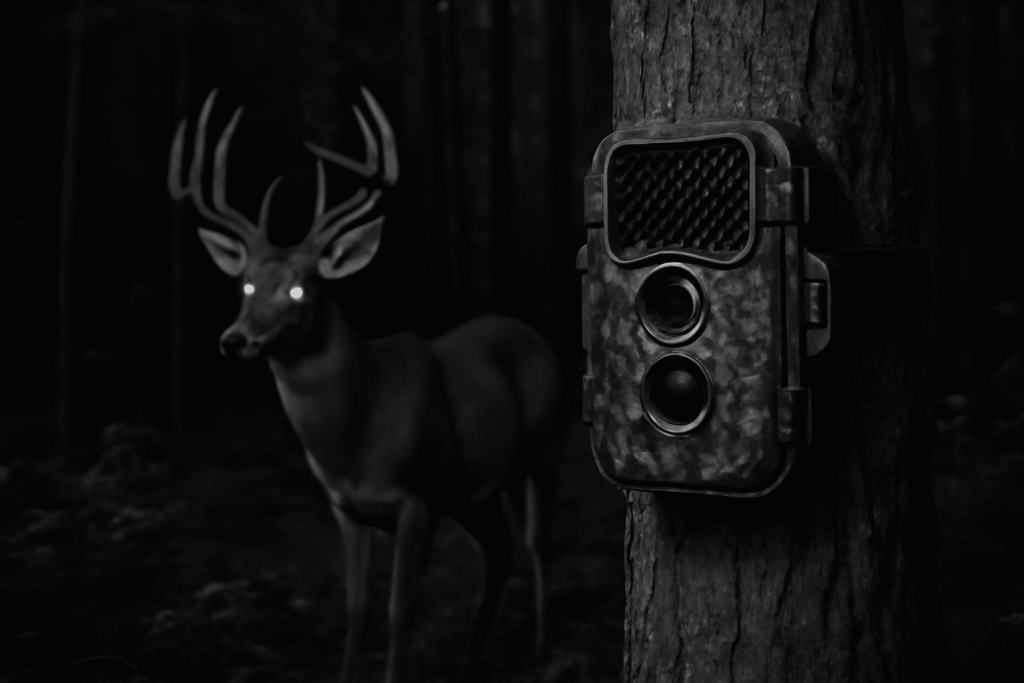 Camofire trail camera mounted on a tree for hunting and wildlife monitoring