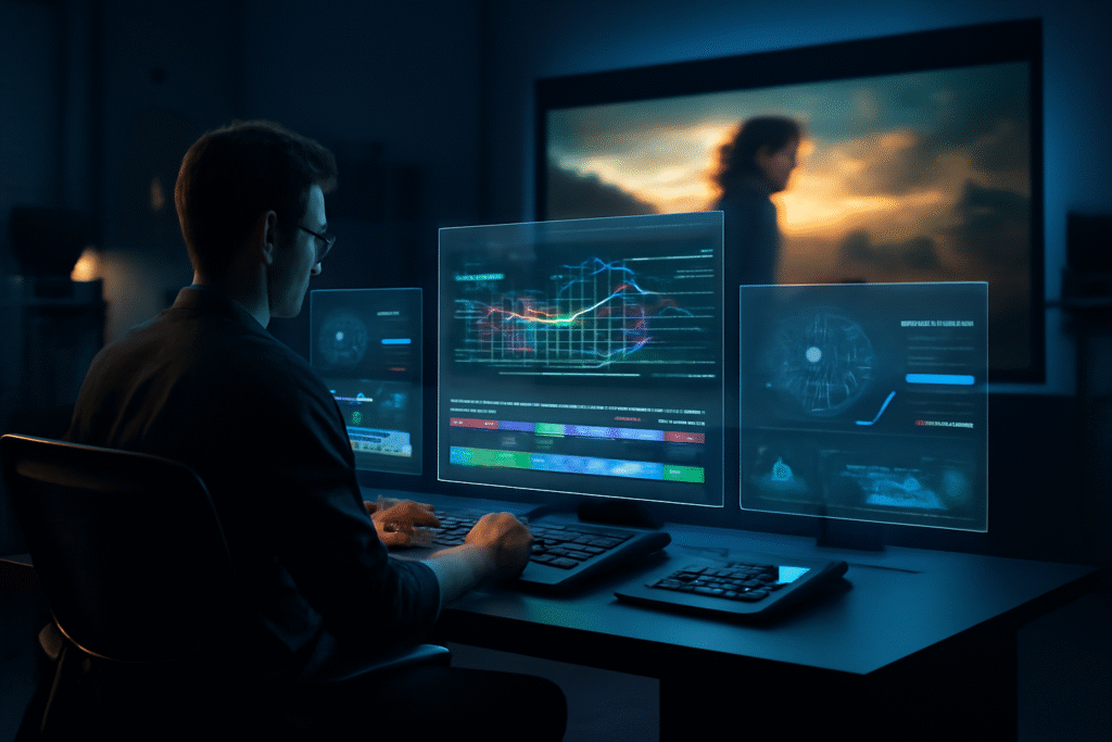 A creative filmmaker using cinevy digital tools with holographic editing screens, AI-powered video timelines, and cinematic visuals in a modern studio.