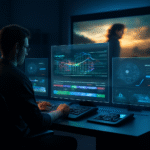 A creative filmmaker using cinevy digital tools with holographic editing screens, AI-powered video timelines, and cinematic visuals in a modern studio.