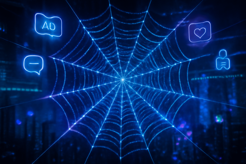 Illustration of a digital spiderweb connecting websites, ads, and user data points, symbolizing the lesy ad spiderweb network.