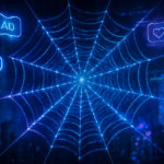 Illustration of a digital spiderweb connecting websites, ads, and user data points, symbolizing the lesy ad spiderweb network.
