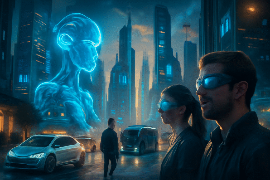 "A futuristic city skyline with advanced technology, AI holograms, self-driving vehicles, and people using wearable augmented reality devices, symbolizing newtopy and the future of innovation. High-detail, ultra-realistic, vibrant lighting, cinematic style."