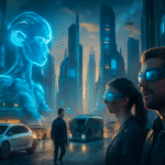 "A futuristic city skyline with advanced technology, AI holograms, self-driving vehicles, and people using wearable augmented reality devices, symbolizing newtopy and the future of innovation. High-detail, ultra-realistic, vibrant lighting, cinematic style."