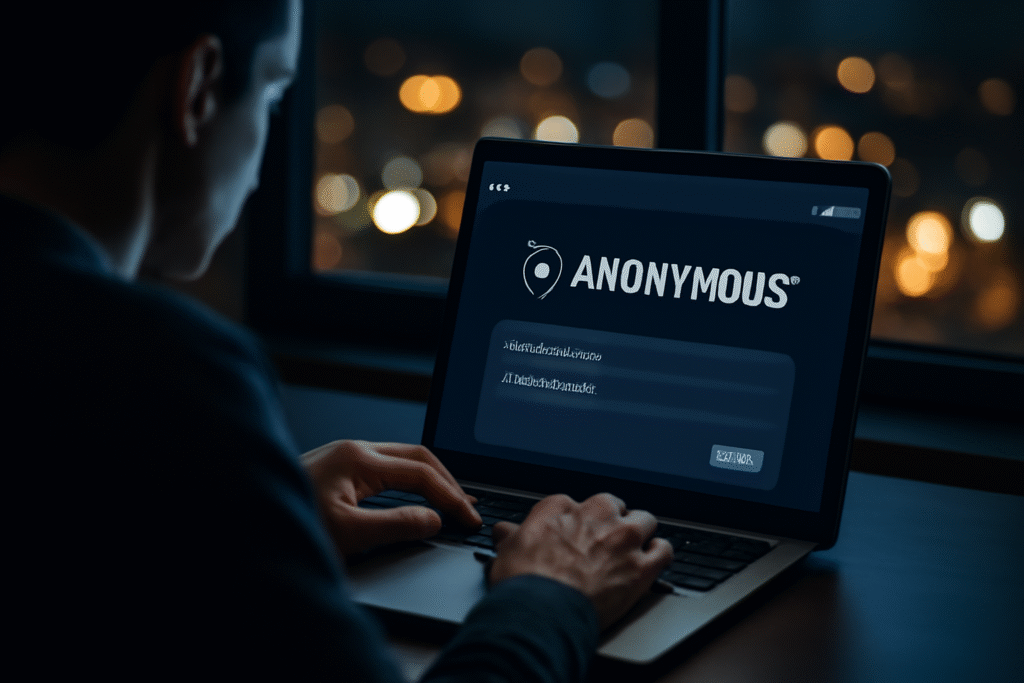 Person using a laptop to share anonposted content securely on an encrypted platform, ensuring online privacy.