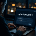 Person using a laptop to share anonposted content securely on an encrypted platform, ensuring online privacy.