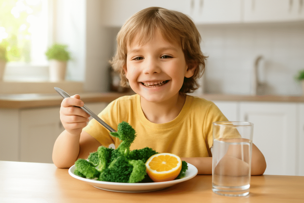 Child eating healthy green vegetables as part of a safe metal detox diet to reduce heavy metal exposure.