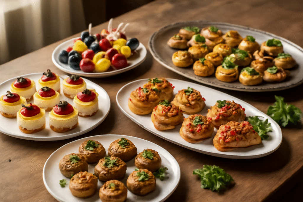 A colorful spread of small bite-sized dishes on a table, showcasing appetizers, desserts, and healthy snacks inspired by food recipes justalittlebite.
