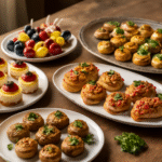 A colorful spread of small bite-sized dishes on a table, showcasing appetizers, desserts, and healthy snacks inspired by food recipes justalittlebite.