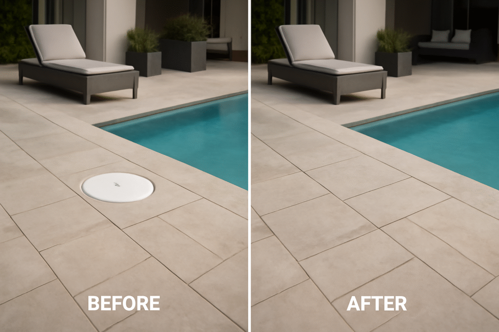 hide skimmer cover for swimming pools and decking