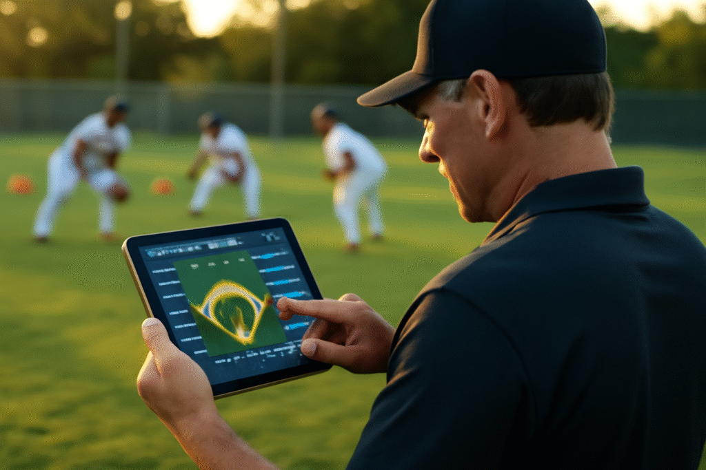 A coach using FieldForce Baseball software on a tablet during a team practice