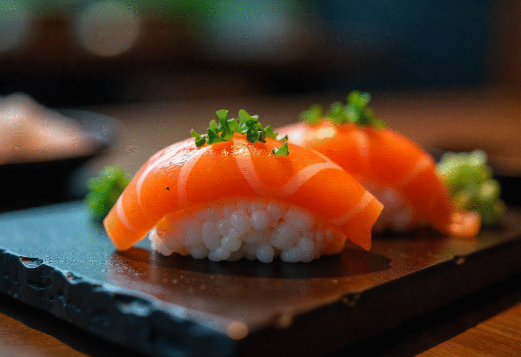 sushi order topped with salmon served on a wooden platte